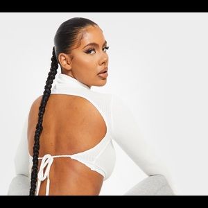 White Brushed Rib High Neck Backless Tie Crop top